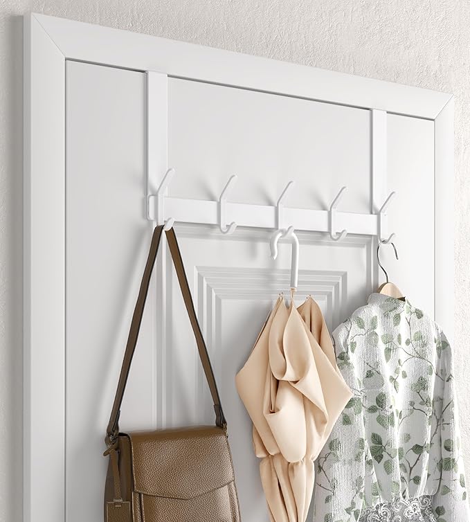 KitchLife Over The Door Hooks Hanger with 7 inches Extended Arms, Fit for 1-3/4" Doors, J18U, Thickened Bathroom Towel Rack Organization, 1 Pack Double-Hook, Glossy White