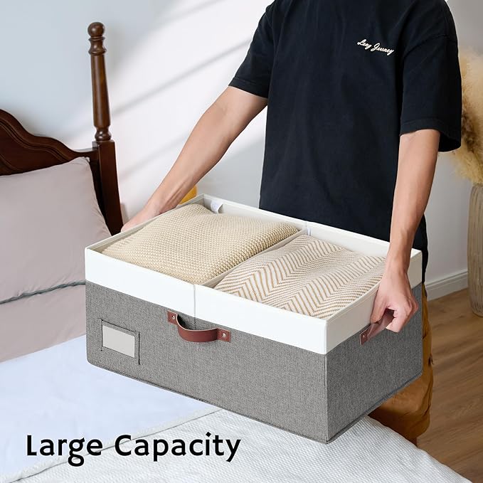 GRANNY SAYS Decorative Storage Boxes with Lids, Collapsible Large Closet Storage Bins with Label, Fabric Storage Bins for Clothes, 63L, White&Gray