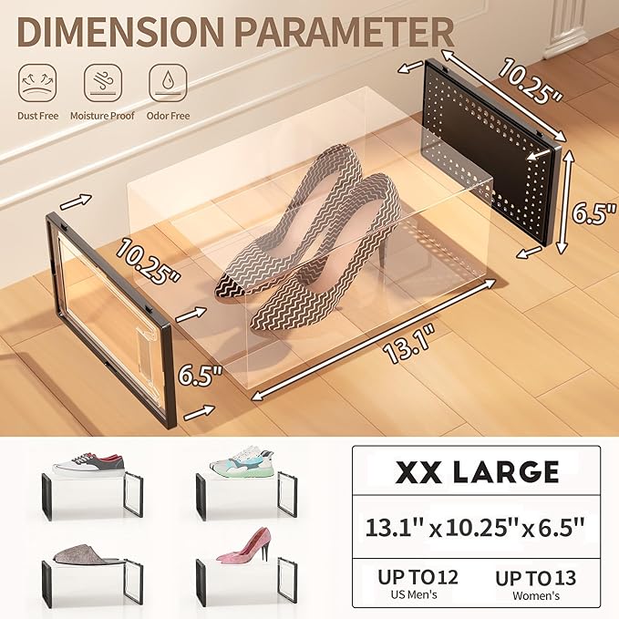 12 Pack XX Large Shoe Organizer Storage Boxes for Closet, Modular Space Saving Shoe Boxes Clear Plastic Stackable Sneaker Containers Display Case with Lids, Black