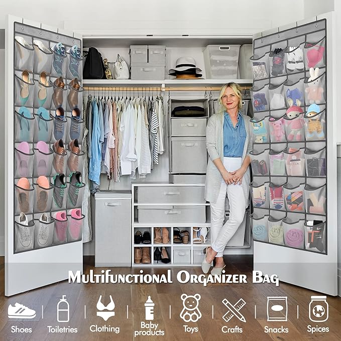 2 Pack Over The Door Shoes Organizers, Behind Door Shoes Hang Holder Rack with 48 Mesh Large Pockets, Clear Fabric Shoes Hanger Storage Organizer Bag for Bedroom,Pantry,Dorm,Gray