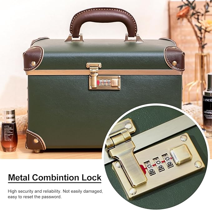 urecity Vintage Makeup Train Case with Metal Combination Lock, Green Artificial Leather, Professional Cosmetic Organizer Storage Box with Striped Interior