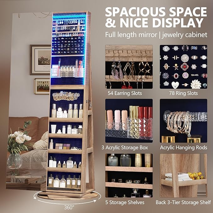 LVSOMT 360° Rotating Full Length Mirror Jewelry Cabinet with Sliding Door, LED Lighted Lockable Jewelry Armoire Organizer, Space-Saving Standing Mirror Storage for Bedroom Dressing Room (Light Wood)