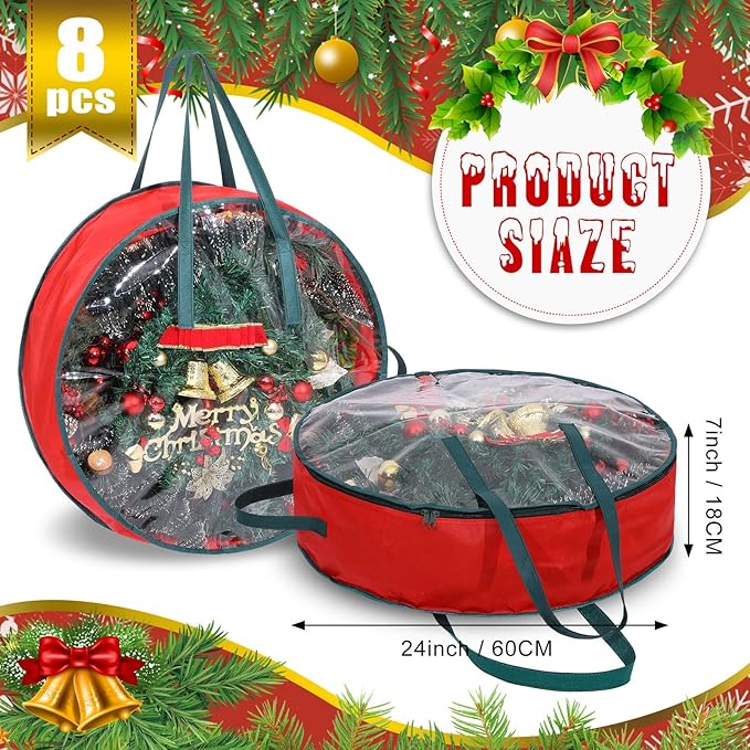 Shappy 8 Pcs Christmas Wreath Storage Bag Clear Wreath Box Wreath Storage Containers with Clear Window and Handle Christmas Garland Storage Containers for Xmas Holiday Seasonal Storage (24 Inch)