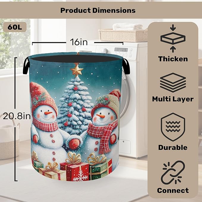 Cute Winter Snowman Laundry Basket - Heavy Duty 60L Dirty Clothes Organizer, Water Resistant Foldable Hamper for Men Women