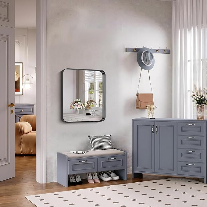 FORBATH 24x20 Inch Bathroom Mirror for Wall, Black Metal Framed Vanity Mirrors for Over Sink, Rounded-Corner Rectangle Mirror for Bedroom Living Room Entryway Hallway, Hangs Horizontal or Vertical