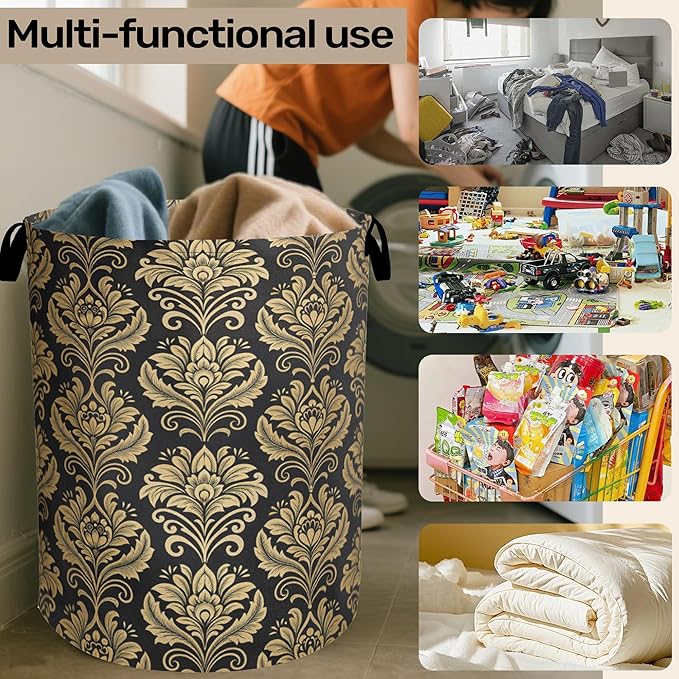 Golde Black Damask Flowers Laundry Basket - Extra Large Foldable Washable Laundry Hamper with Handles, Storage Bin for Bathroom/Laundry/Bedroom/Dorm