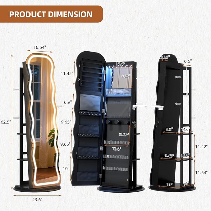 Vlsrka LED Mirror Jewelry Cabinet Standing, 360° Swivel Jewelry Aromire Organizer with Wavy Mirror, Lockable Jewelry Mirror with Storage, Jewelry Cabinet, Interior Mirror, Flodable Shelf, Black