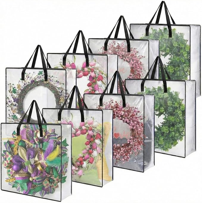 8 Pcs Clear Wreath Storage Bags 26 Inch Valentines St. Patrick's Garland Container Door Garland Holiday Wreath Storage Holder with Handle and Zipper Heavy Duty Plastic Packing Totes(Black)