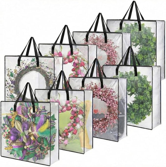 8 Pcs Clear Wreath Storage Bags 26 Inch Valentines St. Patrick's Garland Container Door Garland Holiday Wreath Storage Holder with Handle and Zipper Heavy Duty Plastic Packing Totes(Black)