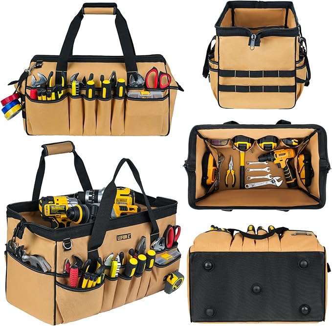 18.5-Inch Tool Bag,43 Pockets Tool Bags for Men,Heavy Duty Tool Box Organizer Storage,Wide Mouth Toolbag Tools Tote Carrying Case for Dad,Mechanic,Electrician,Brown,Bag Only