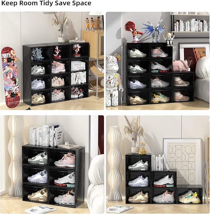 6 Pack Clear Sliding Door Shoe Box, Plastic Shoe Rack Storage Box, Shoe Display Case Suitable for Sneakers, Casual Shoes(Black)