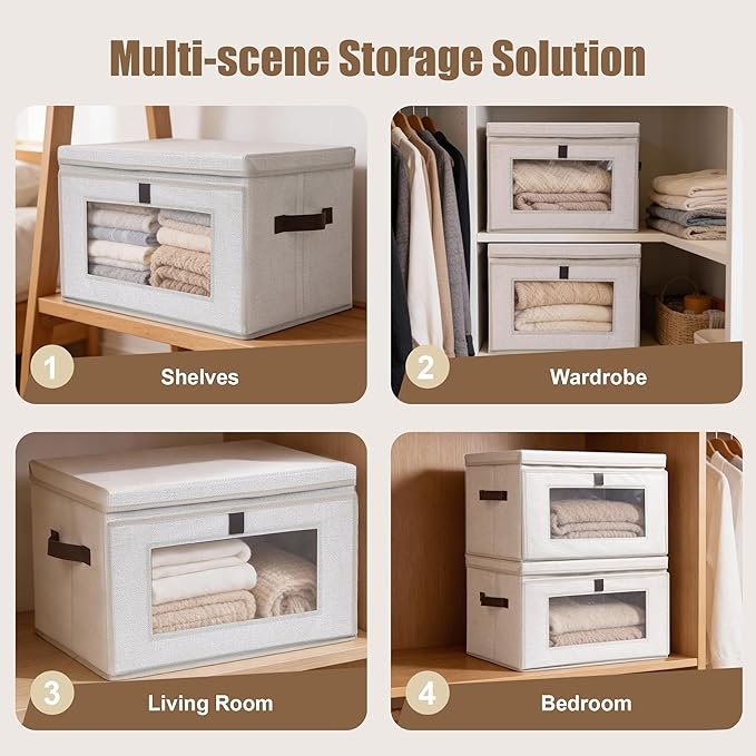 2 Pack 35L Large Foldable Closet Storage Organizer - Front Opening, Clothes Storage Bins with Handles & Window, Collapsible Decorative Storage Boxes with lid for Shelves, Living Room,Dorm