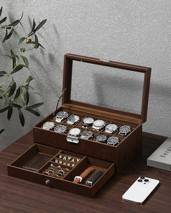 GUKA Watch Box, 12 Slot Watch Case, Watch Cases for men with Real Glass Lid, Synthetic Leather Watch Organizer storage with Jewelry Case, Birthday for Men and Women, Brown