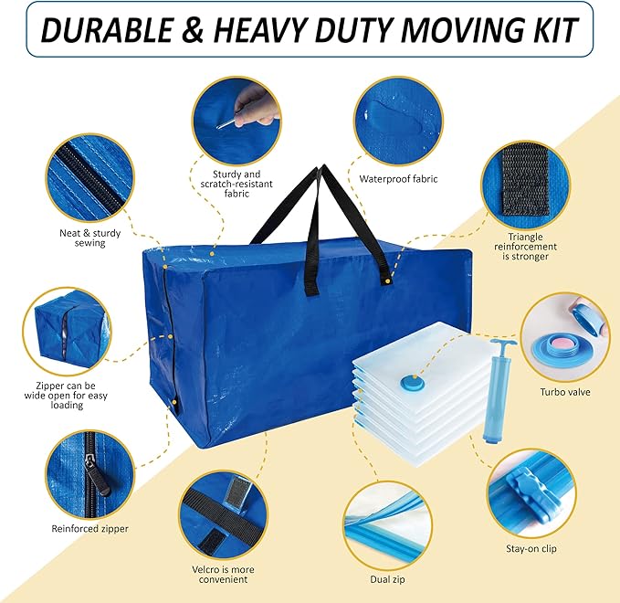 12 Pack Heavy Duty Extra Large Moving Bags with Backpack Straps & Large Vacuum Storage Bags Moving Supply Combo, Moving Totes with Handles & Zippers for Space Saving, Fold Flat, Includes Vacuum Bags