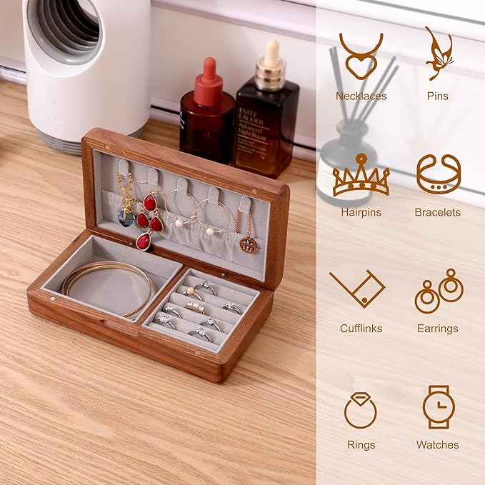 Small wooden, portable travel jewelry, Vintage Walnut Wood Jewelry Case，watch storage box, necklace, ring, earring storage gift box, vintage exquisite walnut jewelry box