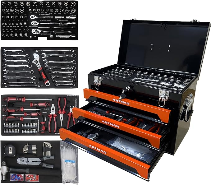 Campfun 439PCS Tool Set, Mechanic Tool Set for Home, Tool Box Set 4-Tier Socket Wrench Ratchet Plier Nails, Home Tool Set Mechanics Kit with 3 Drawers Organizer for Adults Man Handyman, Orange
