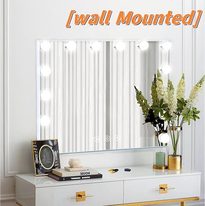 Vanity Mirror with Lights Lighted Makeup Mirror with Dimmable LED Bulbs,3 Color Lighting Modes,USB Charging Port Touch Control,Sturdy Metal Frame Design,White (50x40cm, 4.70)