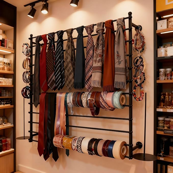 12 Layers Black Wall Display Stand Wrapping Paper Ribbon Organizer Holder Storage Scarf Tie Belt Towel Spool Sewing Tool Hijab Metal Shelving for Home, Retail Stores, Flower Shop,Studio-120cm