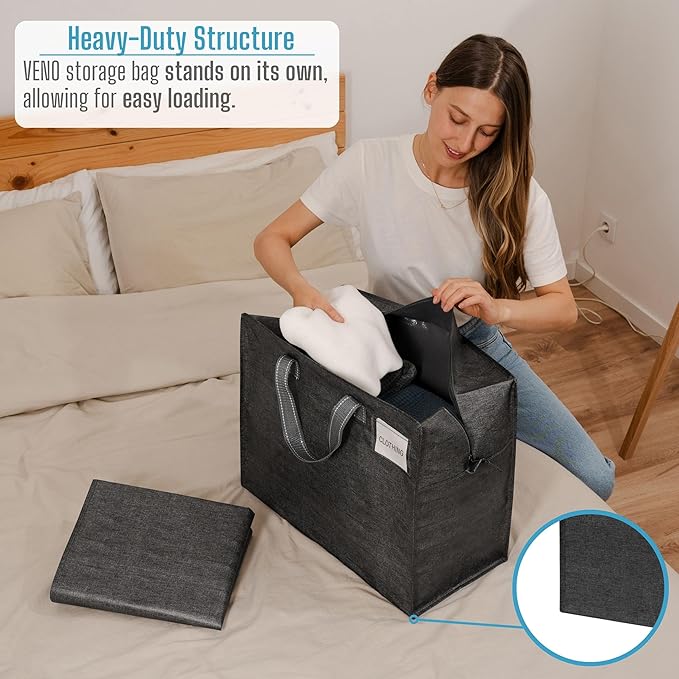 VENO 4 Pack Moving Bags, Christmas Storage Containers, Storage Totes, Zipper On Top, Sturdy, Storage Bags for Camping, Clothes, Bedding, Comforters, Pillows (13 Gallon Dark Gray, 4 Pack)
