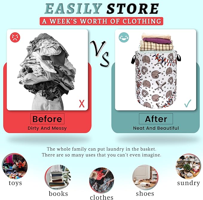 Retro Baseball Laundry Hamper Foldable With Handles Sports Theme Tote Bag Oxford Cloth Funny Laundry Basket Clothes Toy Storage Bucket 18.9"x16.5"For Bathroom/Laundry/Bedroom
