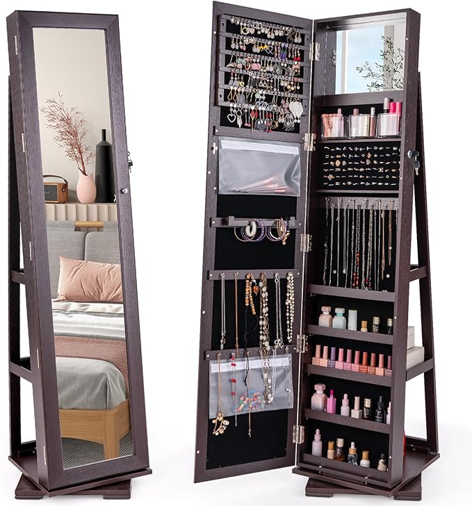 CHARMAID 360° Swivel Jewelry Armoire with Full Length Mirror, Standing Lockable Jewelry Cabinet Organizer, Large Storage Capacity, Inside Makeup Mirror, Back Storage Shelves (Espresso)