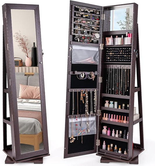 CHARMAID 360° Swivel Jewelry Armoire with Full Length Mirror, Standing Lockable Jewelry Cabinet Organizer, Large Storage Capacity, Inside Makeup Mirror, Back Storage Shelves (Espresso)