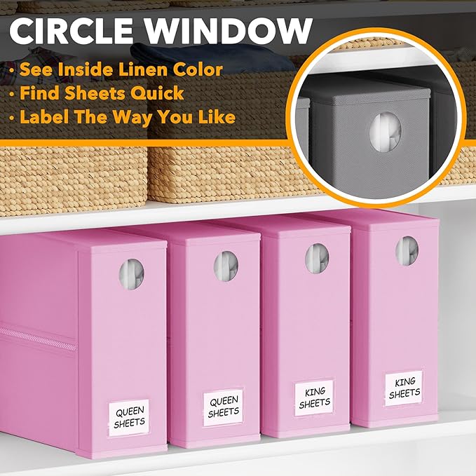 SpaceAid 4 Pack Bed Sheet Organizers and Storage, Foldable Sheet Organizer for Linen Closet, Sheets Set Folder Keeper with Window XL (Queen & King Size) Bedding Container (Pink, 4 Pack)