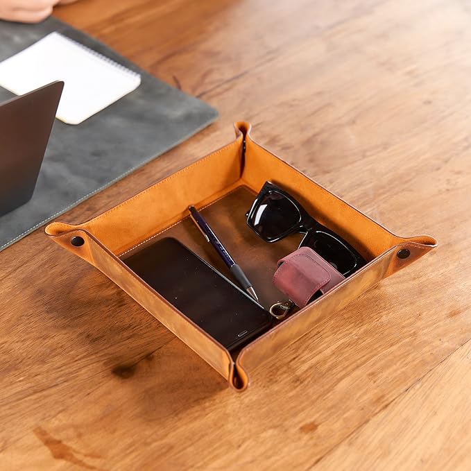 Handmade Leather Catch All Tray and Organizer for Keys, Phones, Jewels, Coins, Square - Small, Deep Brown