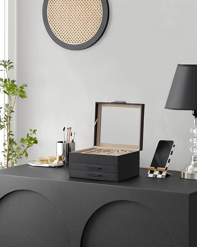 SONGMICS Jewelry Box Organizer with Glass Lid, 3-Layer Jewelry Storage, with 2 Drawers, Modern Style, 8 x 9.1 x 5.3 Inches, Graphite Black and Silver UJBC239BK