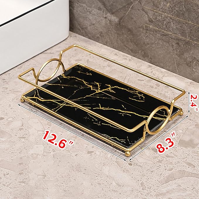 Vanity Tray Luxury Bathroom Counter Tray Glass Perfume Organizer Holder Cosmetics Makeup Skincare Display Decorative Vanity Trays for Bathroom Dresser Bedroom (Black Gold, L)