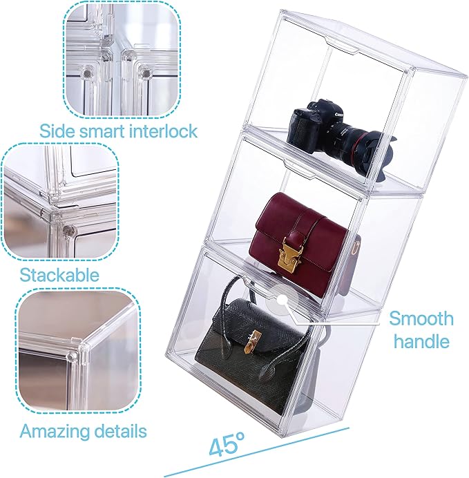Purse Organizer for Closet, Clear Acrylic Display Case, Large Handbag Storage Organizer with Magnetic Door, 3 Pack Plastic Acrylic Boxes for Wallet, Cosmetic, Collectibles (X Large)