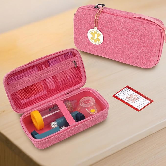MGZNMTY Travel Carrying Case Compatible with Asthma Inhaler Spacer for Adults and Children, Masks, Inhaler Holder with Asthma Alert Tag and Medical Card, Carabiner (Only Case) (Pink)