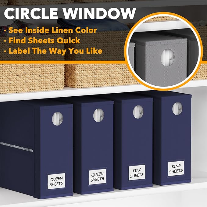 SpaceAid 4 Pack Bed Sheet Organizers and Storage, Foldable Sheet Organizer for Linen Closet, Sheets Set Folder Keeper with Window XL (Queen & King Size) Bedding Container (Navy Blue, 4 Pack)