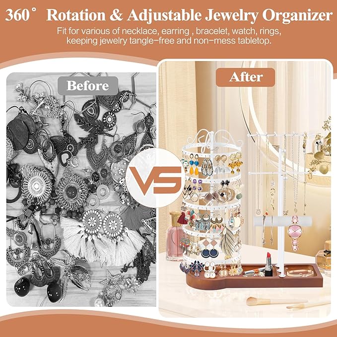 KALYLOC Jewelry Earring Holder Organizer, Adjustable 5 Tiers Rotating Earring Holder 3 Tier Necklace Holder with Wooden Base, Multi-Functional Jewelry Organizer Display Stand for Studs Bracelet Women