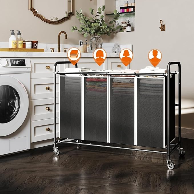 ROMOON Laundry Hamper Sorter Cart: 4-Section Organizer with Heavy-Duty Lockable Wheels and Removable Bags | 172L Rolling Laundry Basket for Dirty Clothes in Laundry Room or Small Spaces (Black)