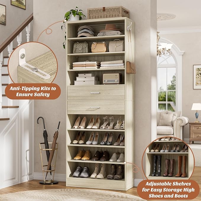 Aheaplus Tall Shoe Cabinet, 10 Tiers Wood Shoe Rack, Vertical Shoe Storage Organizer with 2 Drawers, Narrow Shoe Shelf Tower for 24-28 Pairs, Space Saving, for Closet, Entryway, Bedroom, White Oak