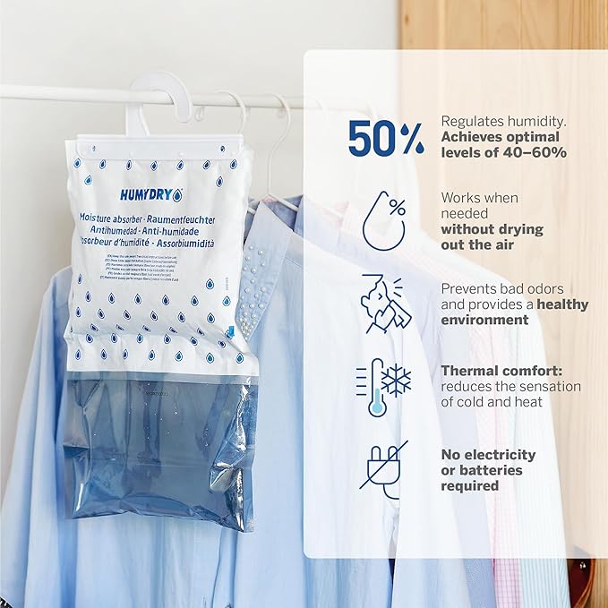 HUMYDRY Hanging Moisture Absorber for Closets, Pack of 6 Unscented 15.9 Oz Dehumidifier Bags, Non Electric Humidity Absorbers for Wardrobes Clothes Storage Areas and Small Enclosed Spaces