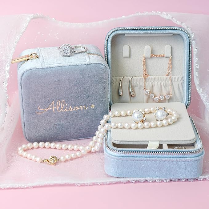 Customizable Compact Velvet Jewelry Box with Mirror, Travel Jewelry Case, Travel Jewelry Organizer, Jewelry Box for Women and Girls, Small Jewelry Organizer (Center Text, Powder Blue)