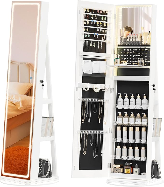 Mirror Jewelry Cabinet Standing, Jewelry Armoire with Full-Length LED Mirror and Adjustable Lights, 360° Swivel Jewelry Organizer Storage, Upgrade White