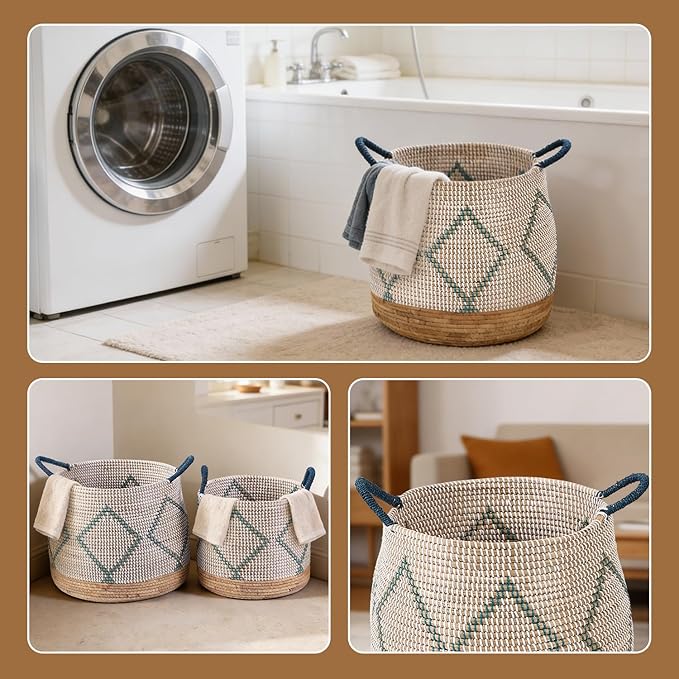 4 Pack Laundry Baskets and Woven Storage Basket for Organizing, 49L Seagrass Blanket Basket, 29L Storage Bin with Handles, 10.7L & 7.6L Cube Storage Baskets for Shelves - Blue