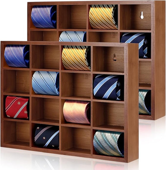 Wesiti Tie Box Organizer Wall Mounted Tie Rack with 16 Compartments Bamboo Belt Holder for Men Scarf Necktie Home Wall Closet(Dark Brown Color,2 Piece)