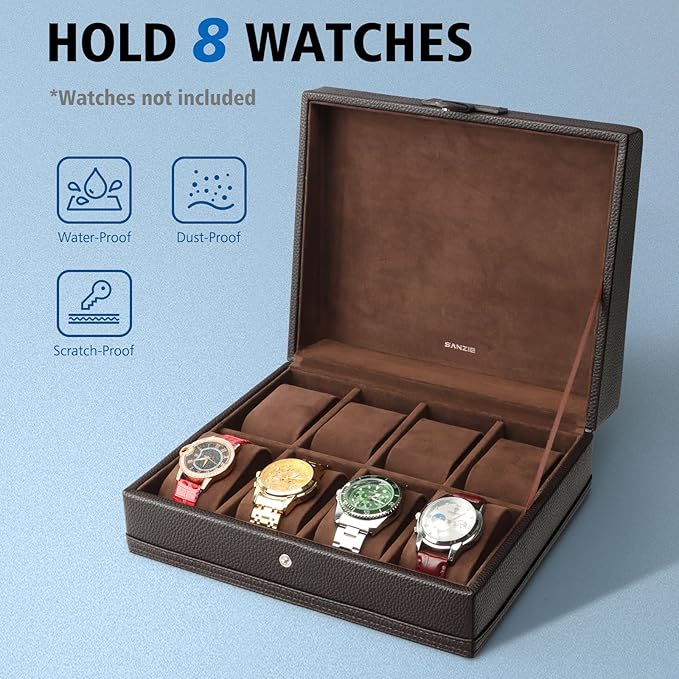 SANZIE 8-Slot Watch Box for Mens Watch Case with Removable Watch Pillows, Watch Holder Organizer Watch Storage with Brown Synthetic Leather (Brown)
