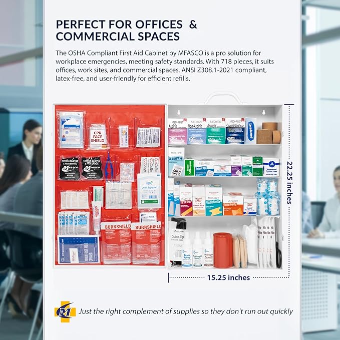 MFASCO Commercial Wall Mount 4 Shelf First Aid Kit - OSHA & ANSI Compliant, Refillable Metal First Aid Cabinet for Businesses, Large First Aid Kit Box for Office and Shop - No Label or Company Logo