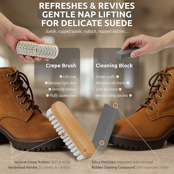 TAKAVU Premium Suede & Nubuck Cleaning Brush Kit, Crepe & Brass Bristle Brush, Microfiber Towel Cloth, Cleaning Block Eraser for Shoes, Boots