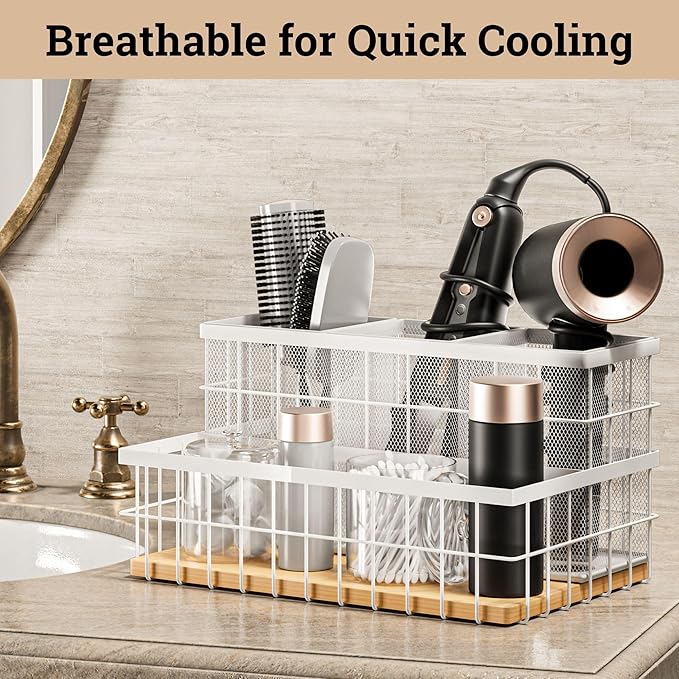 Hair Tool Organizer Countertop - Breathable Metal & Bamboo Hot Tools Organizer for Vanity - Hot Hair Tools Organizer Under Sink - Bathroom Hair Dryer Holder Countertop - Brush and Comb Holder Vanity