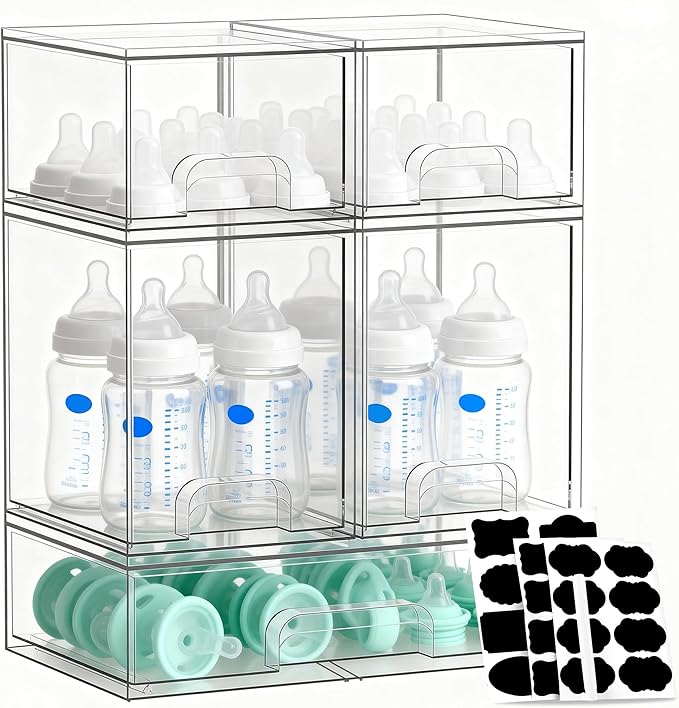 Stackable Storage Drawers Set of 5, Baby Bottle Organizer, Clear Multipurpose Storage for Countertop - Organize Kitchen, Vanity, Bathroom Cabinet & Pantry Supplies