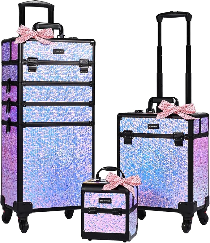 BYOOTIQUE Rolling Makeup Case on Wheels 3-Piece Lockable Cosmetology Organizer Kit Hair Tool Travel Bag for Lash Artist Nail Slon Beauty Studio Hairstylist Esthetician,Mermaid Purple