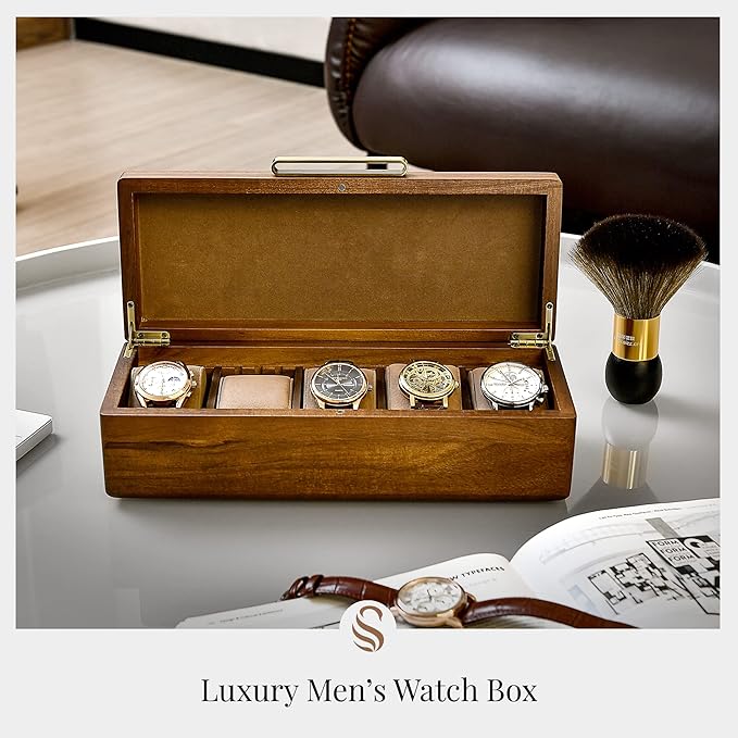 Shanik Wooden Watch Box for Men – 5 Slot Storage Case with Velvet Pillows, Natural Acacia Wood Organizer for Large Watches, Luxury Gift for Him