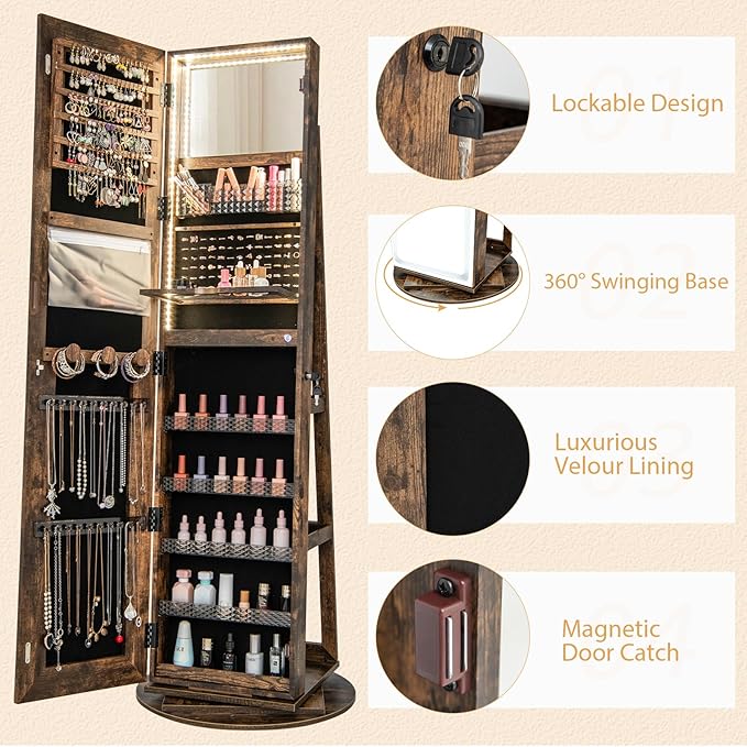 GOFLAME 360° Swivel Jewelry Cabinet Armoire with Full Length Mirror, Standing Jewelry Storage Organizer with Rear Storage Shelves, 3-Color LED Lights, Foldable Shelf, Interior Mirror, Rustic Brown