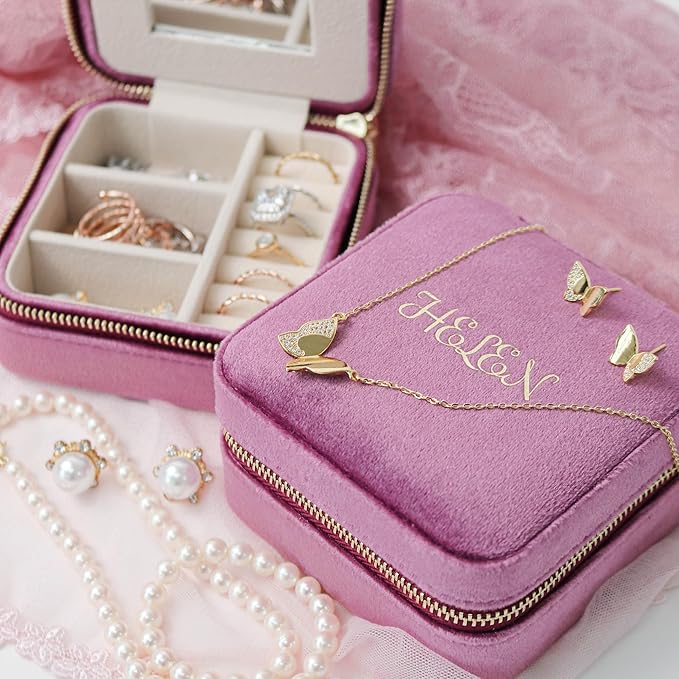 Customizable Compact Velvet Jewelry Box with Mirror, Travel Jewelry Case, Travel Jewelry Organizer, Jewelry Box for Women and Girls, Small Jewelry Organizer (Center Text, Mulberry)